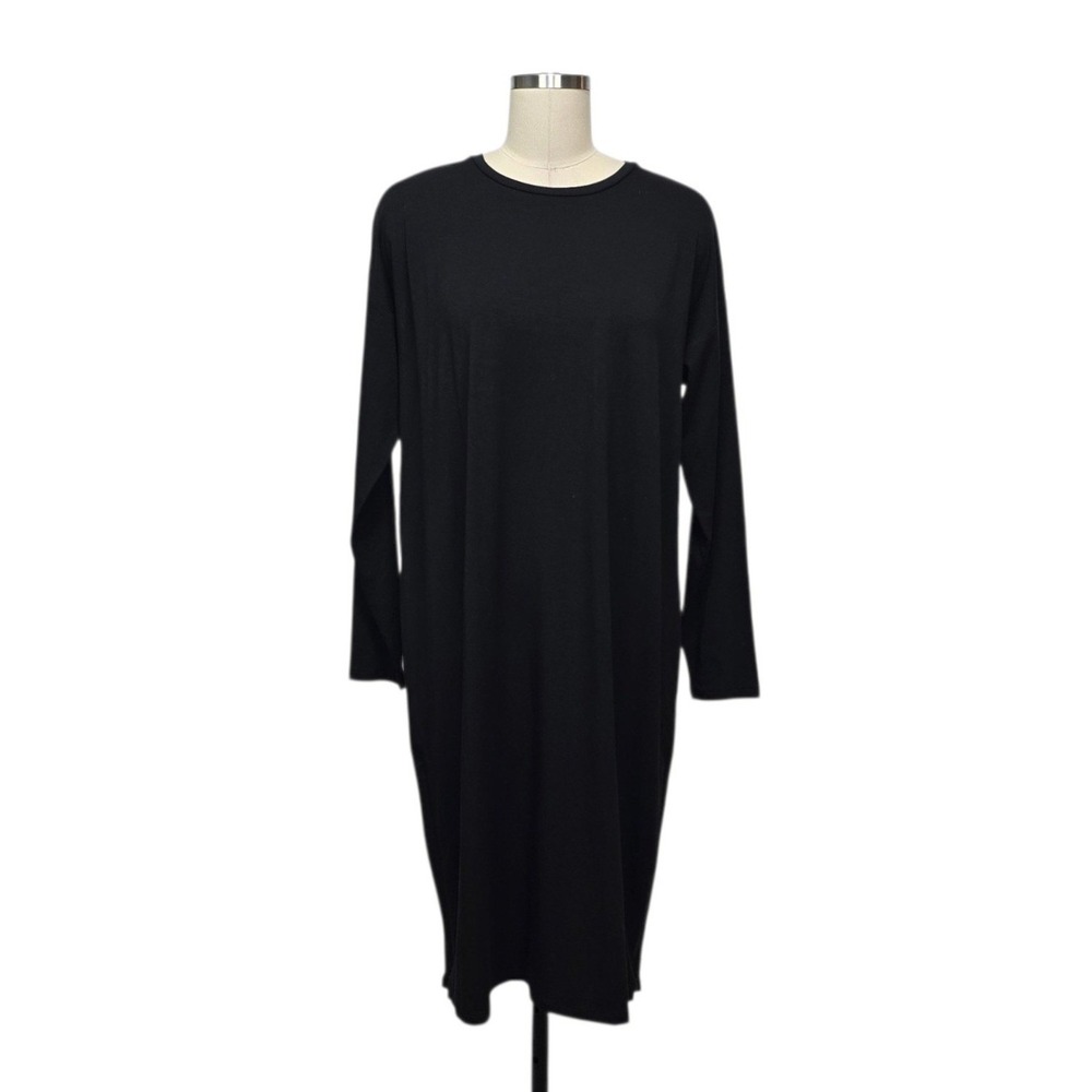Eileen Fisher Black Jersey Long Sleeve Midi Shift Dress Side Zip Hem Size Small